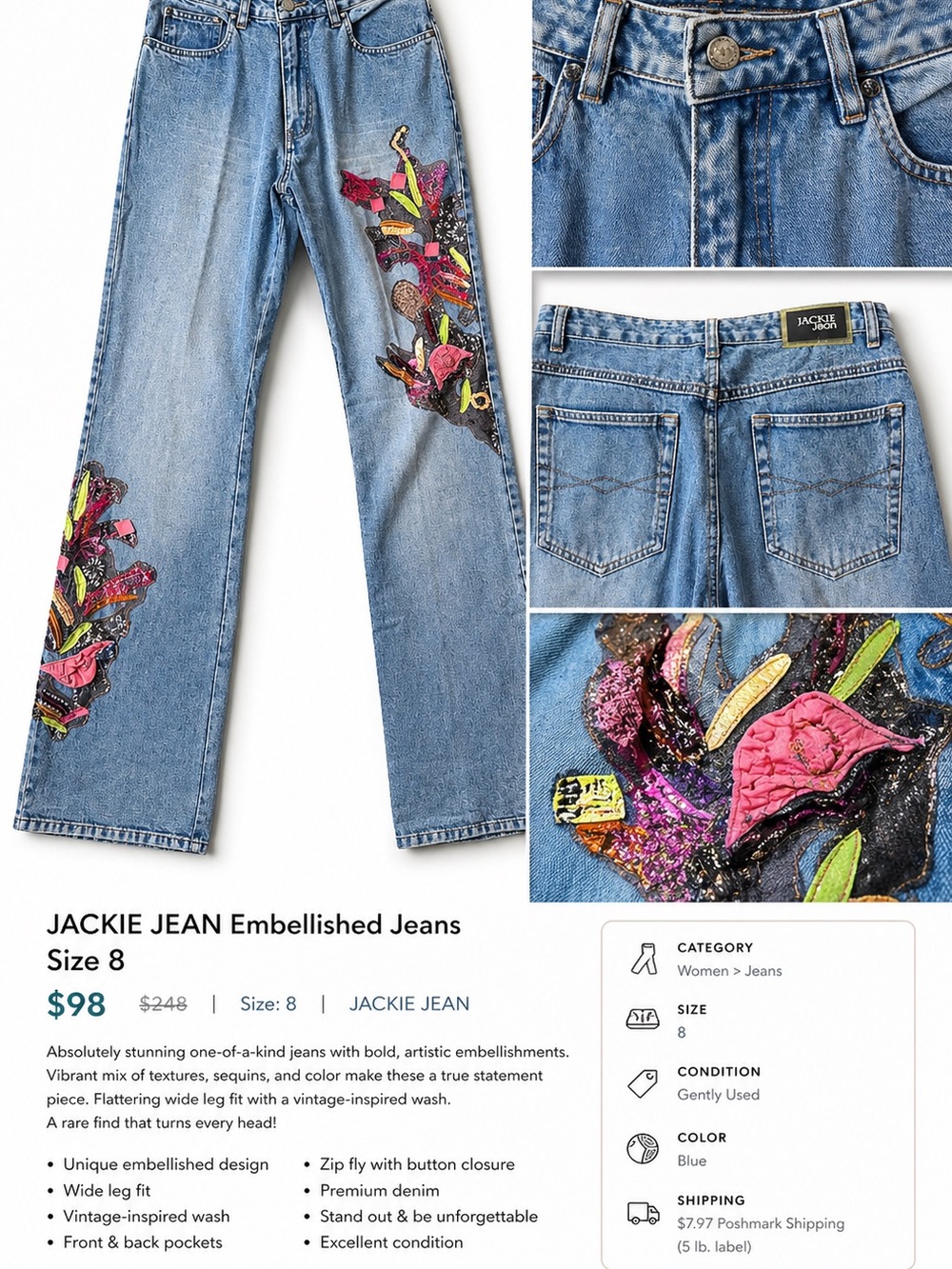 Jackie Jean Embellished Boot Cut Jeans in Blue